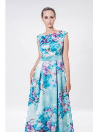 Rochie lungă turcoaz cu imprimeu floral